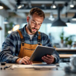 A photograph of a professional lighting contractor at work