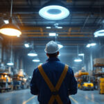A photograph of a well-lit warehouse interior showcasing various types of lighting fixtures in use
