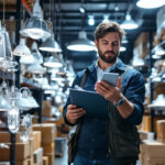 A photograph of a lighting contractor examining a variety of commercial wholesale lighting fixtures in a well-organized warehouse