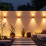 A photograph of a beautifully illuminated outdoor space featuring a variety of stylish light fixtures
