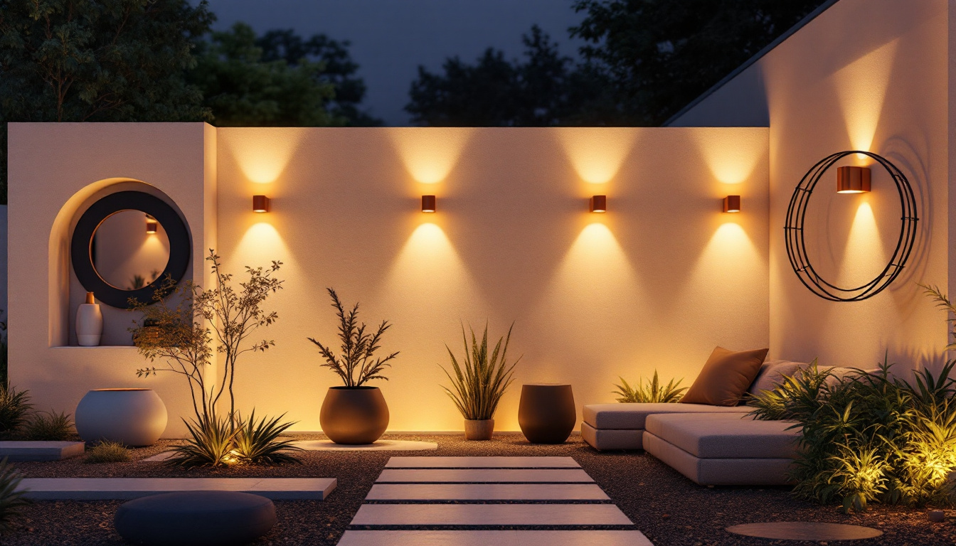 A photograph of a beautifully illuminated outdoor space featuring a variety of stylish light fixtures