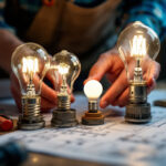 A photograph of a lighting contractor examining various light bulb base sizes