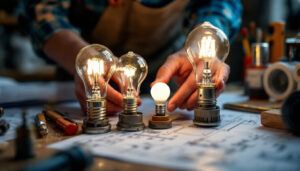 A photograph of a lighting contractor examining various light bulb base sizes
