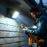 A photograph of a lighting contractor installing outdoor motion lights in a residential setting during twilight