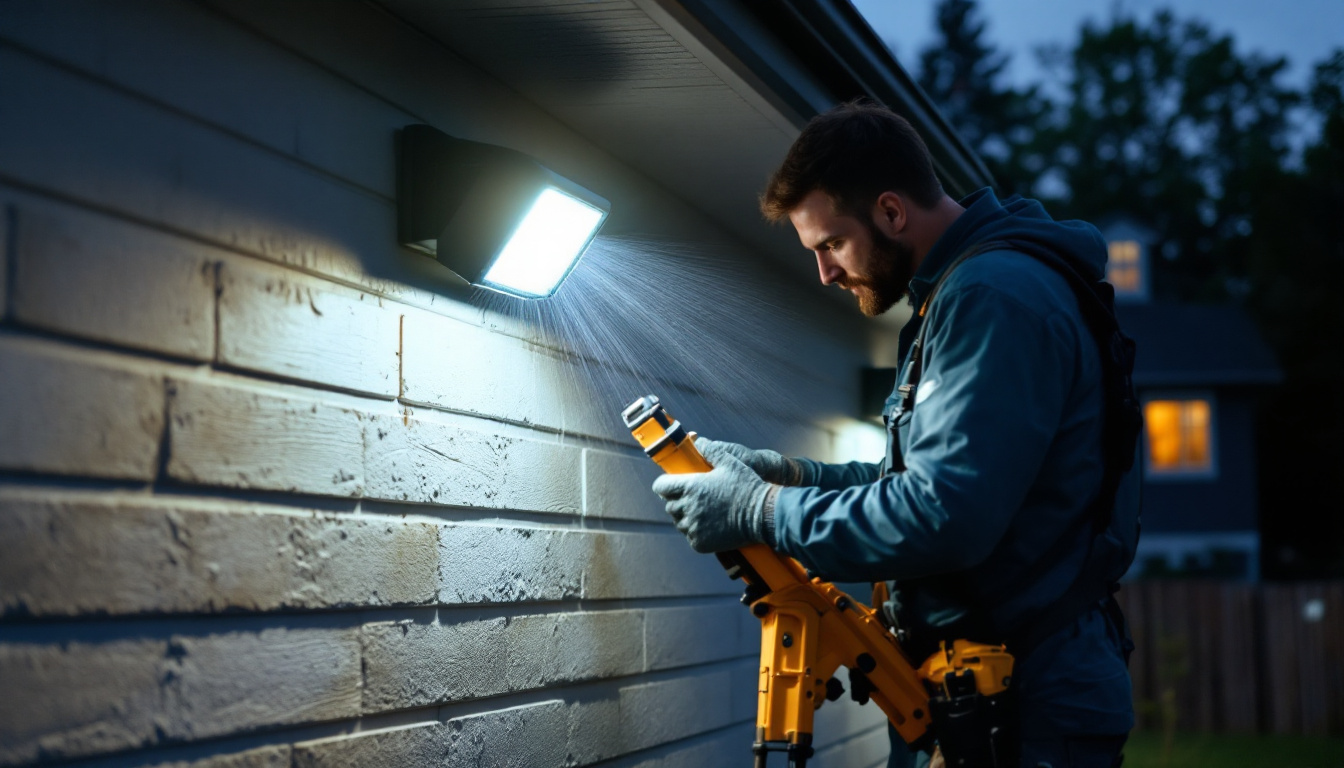 A photograph of a lighting contractor installing outdoor motion lights in a residential setting during twilight