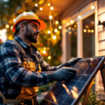 A photograph of a lighting contractor installing solar lights in a residential backyard
