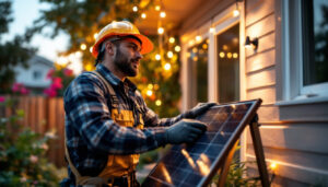 A photograph of a lighting contractor installing solar lights in a residential backyard