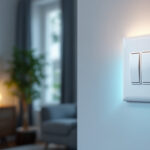 A photograph of a well-lit room featuring a three-way light switch in action