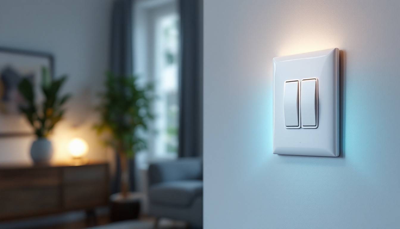 A photograph of a well-lit room featuring a three-way light switch in action