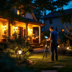 A photograph of a skilled lighting contractor installing or adjusting outdoor flood lights in a beautifully illuminated backyard setting during twilight