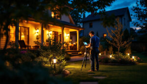 A photograph of a skilled lighting contractor installing or adjusting outdoor flood lights in a beautifully illuminated backyard setting during twilight