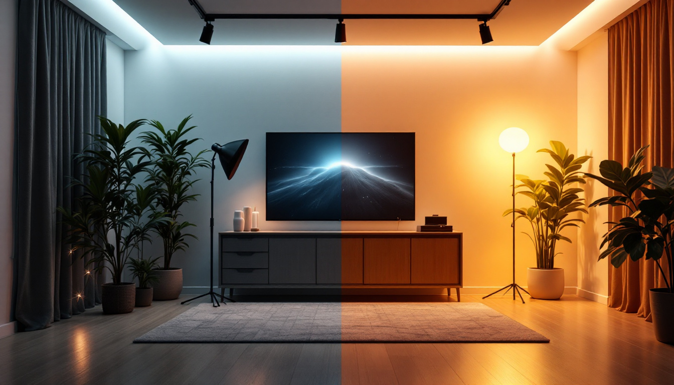 A photograph of a beautifully lit room featuring strip lights in contrast with various alternative lighting options