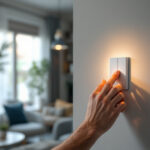 A photograph of a skilled lighting contractor installing or adjusting a modern light switch in a stylish residential setting