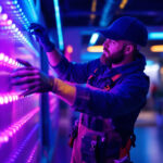 A photograph of a lighting contractor in action