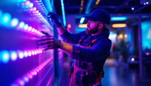 A photograph of a lighting contractor in action