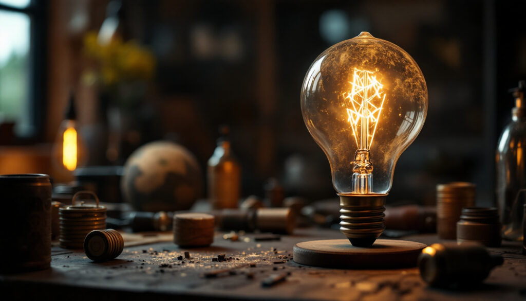 A photograph of a vintage light bulb glowing warmly in a dimly lit room