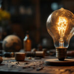 A photograph of a vintage light bulb glowing warmly in a dimly lit room