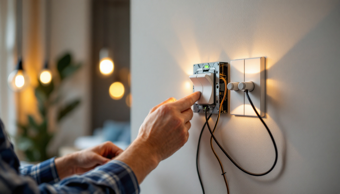 A photograph of a lighting contractor expertly installing a three-way switch in a stylish