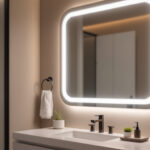 A photograph of a stylishly designed bathroom or vanity area featuring a sleek led mirror that highlights its illumination and modern aesthetic