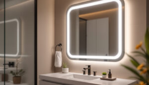 A photograph of a stylishly designed bathroom or vanity area featuring a sleek led mirror that highlights its illumination and modern aesthetic