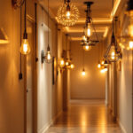 A photograph of a well-lit hallway featuring a variety of stylish light fixtures