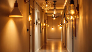 A photograph of a well-lit hallway featuring a variety of stylish light fixtures