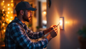 A photograph of a lighting contractor installing a light switch timer in a residential setting