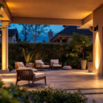 A photograph of a well-lit outdoor space showcasing various types of outdoor lighting fixtures