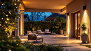 A photograph of a well-lit outdoor space showcasing various types of outdoor lighting fixtures