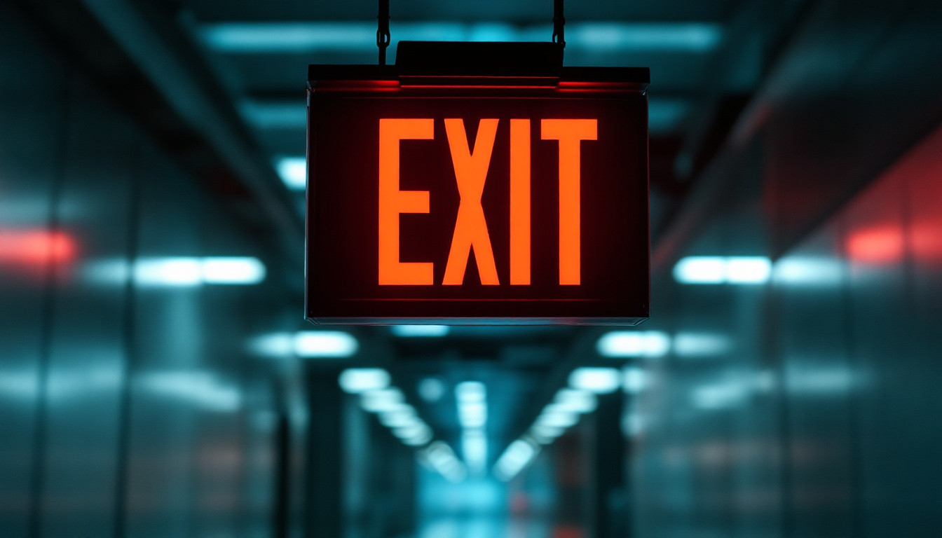 A photograph of a well-lit exit sign in a commercial building