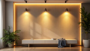 A photograph of a beautifully designed wall installation featuring innovative lighting solutions