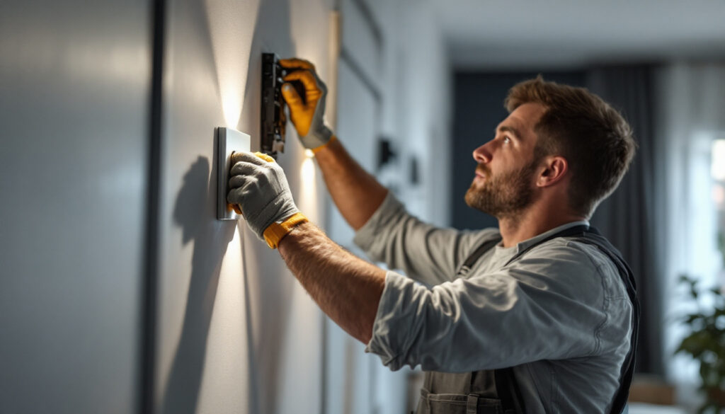 A photograph of a skilled electrician or contractor efficiently installing nora lighting fixtures in a modern residential or commercial space