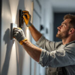 A photograph of a skilled electrician or contractor efficiently installing nora lighting fixtures in a modern residential or commercial space