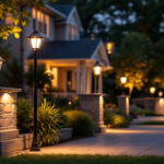 A photograph of a beautifully illuminated outdoor space featuring various styles of post light fixtures