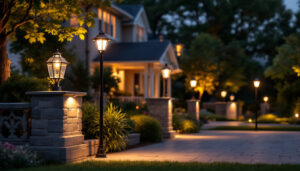 A photograph of a beautifully illuminated outdoor space featuring various styles of post light fixtures
