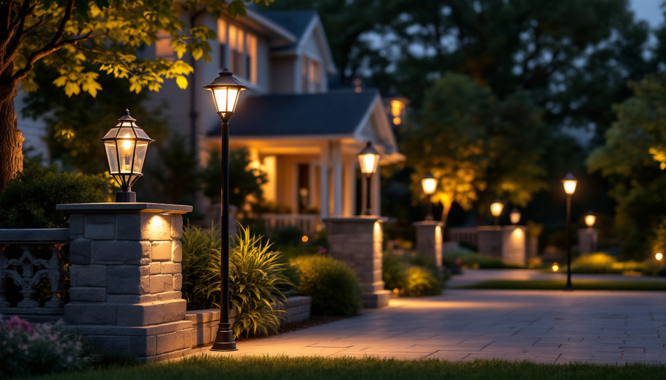 A photograph of a beautifully illuminated outdoor space featuring various styles of post light fixtures