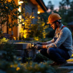A photograph of a skilled lighting contractor installing modern landscaping lights in a beautifully designed outdoor space