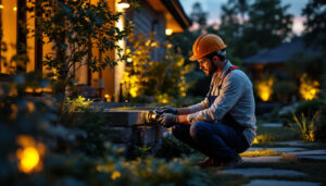 A photograph of a skilled lighting contractor installing modern landscaping lights in a beautifully designed outdoor space