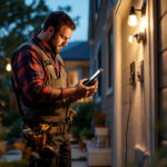 A photograph of a lighting contractor installing motion sensor lights in a residential setting