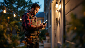 A photograph of a lighting contractor installing motion sensor lights in a residential setting