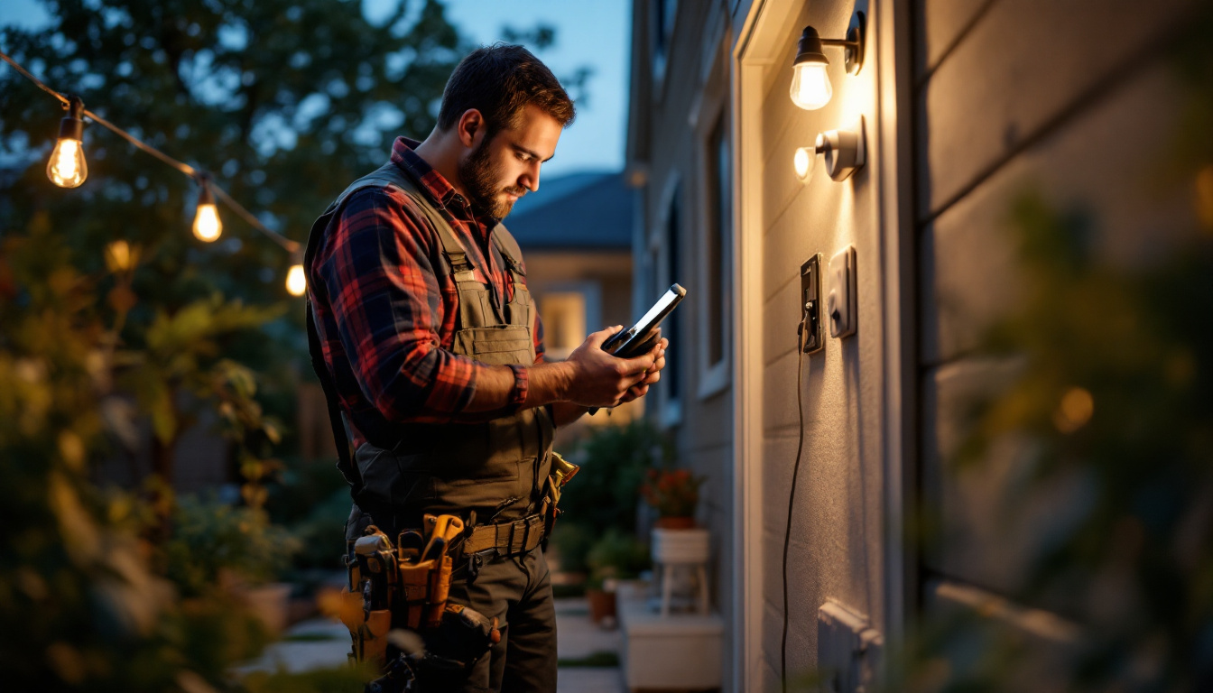 A photograph of a lighting contractor installing motion sensor lights in a residential setting