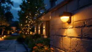 A photograph of a beautifully illuminated outdoor space featuring motion sensor lights in action
