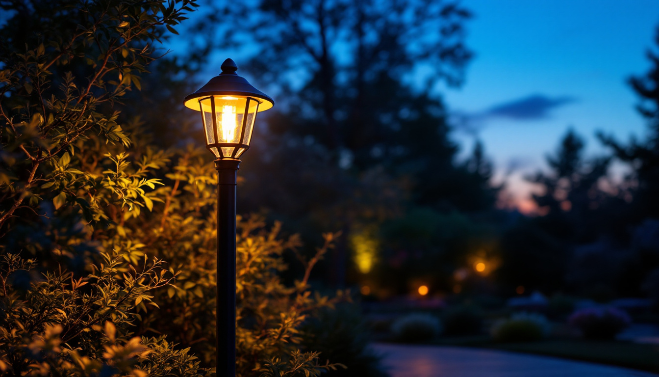 A photograph of a beautifully designed outdoor post light illuminating a cozy outdoor space at dusk