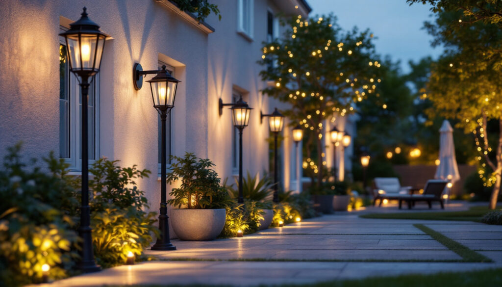 A photograph of a beautifully illuminated outdoor space showcasing various styles of exterior lights
