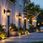 A photograph of a beautifully illuminated outdoor space showcasing various styles of exterior lights