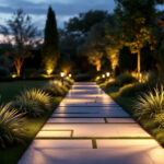 A photograph of a beautifully landscaped outdoor pathway illuminated by stylish solar pathway lights at dusk