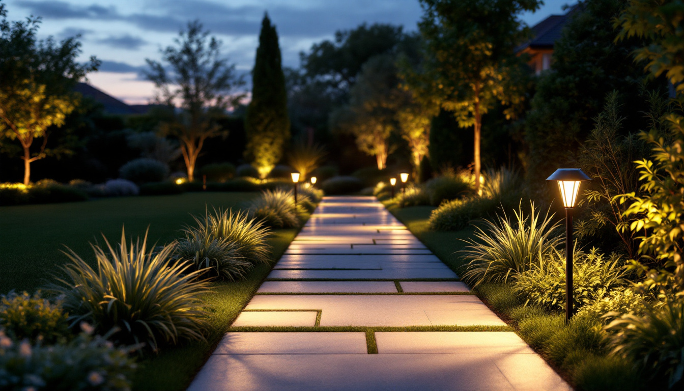 A photograph of a beautifully landscaped outdoor pathway illuminated by stylish solar pathway lights at dusk