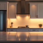 A photograph of a beautifully designed kitchen featuring under cabinet led lighting that highlights the countertops and creates a warm
