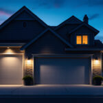 A photograph of a beautifully illuminated exterior garage showcasing various styles of garage lights