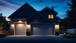 A photograph of a beautifully illuminated exterior garage showcasing various styles of garage lights